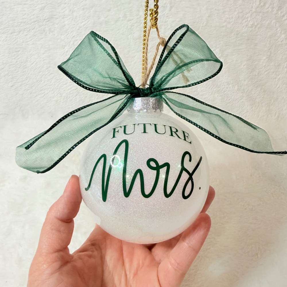 Custom Future Mrs Ornament Bridal Gift White Green Glitter 5" Large Round